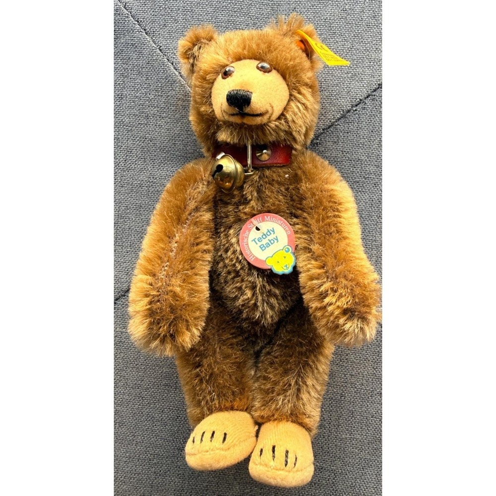Steiff #029721 Teddy Baby Brown Mohair Bear 6" Jointed Ear Button Bell Collar